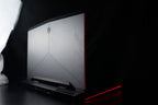 Gaming laptop rear three-quarter closed silver lid red LEDs