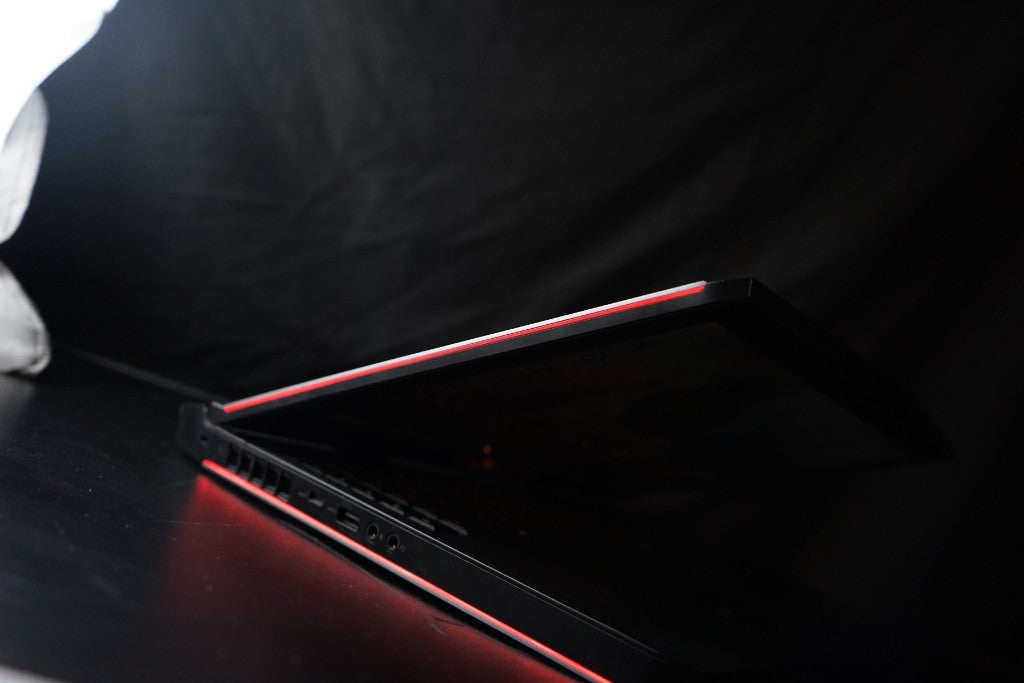 Gaming laptop low side profile partially open